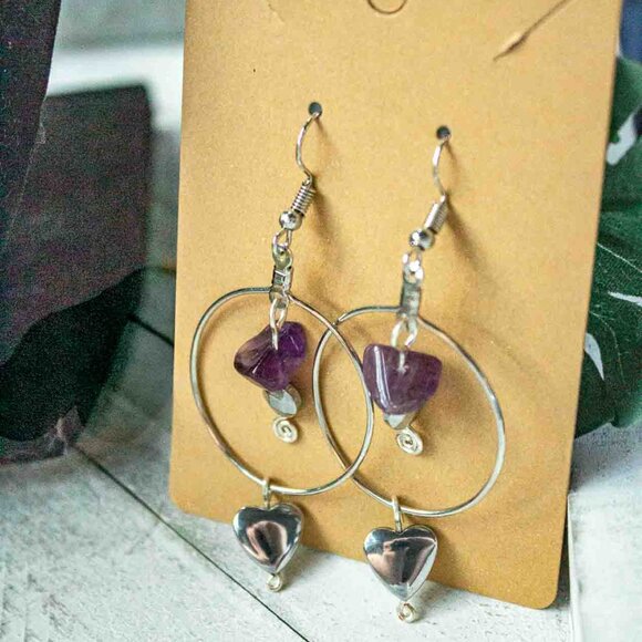 Amethyst Chip Silver Hoop Earrings & Necklace Set with Silver-Plated Heart Charm - Picture 9 of 9